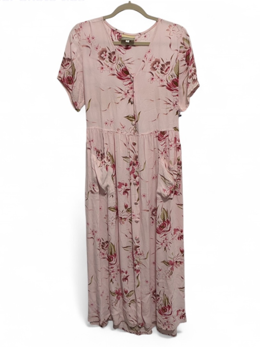 Y2K Coldwater Creek Pink Floral Button Down Short Sleeve Midi Dress